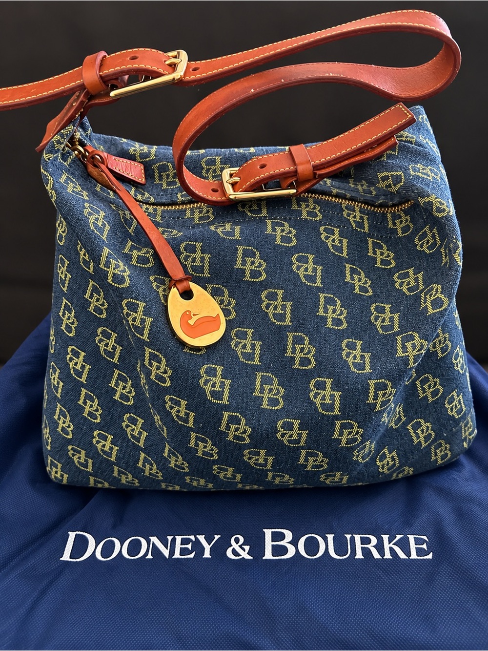 Dooney & Bourke Blue Denim Logo Shoulder Bag with Tan Leather Trim